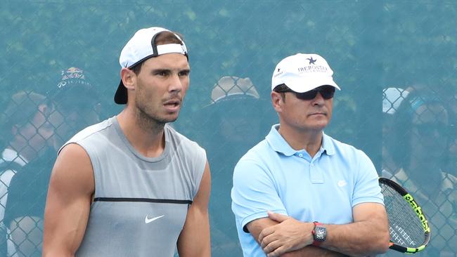 Rafa Nadal training with coach Toni Nadal in Brisbane. Pic Peter Wallis.