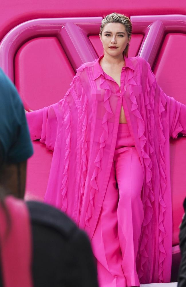 Pugh wore a hot pink, sheer ensemble, seemingly in a nod to her previous fashion moment with Valentino. Picture: Mega/Cobra Team/Backgrid