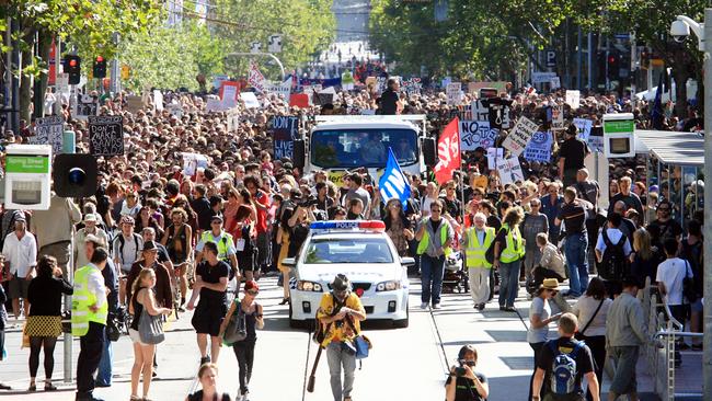 Protesters in Melbourne at the Save Live Australian Music protest rally.