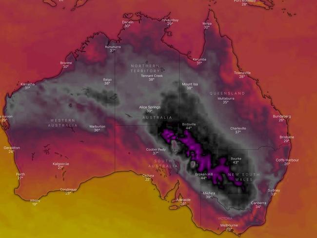 A Windy TV forecast showing the extreme heat in Australia. Picture: Windy TV