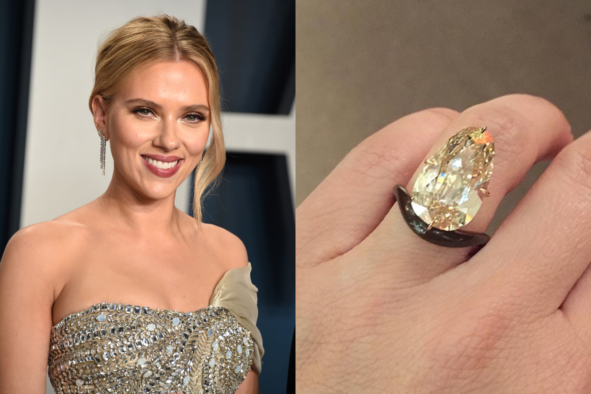 <h3><b>Scarlett Johansson</b></h3><p>Scarlett Johansson celebrated her engagement to Colin Jost with an 11-carat, pear-cut light brown diamond on a brown band, designed by James de Givenchy.&nbsp;</p>