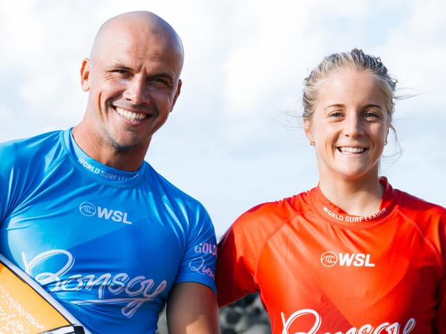 BURLEIGH HEADS, QUEENSLAND, AUSTRALIA - MAY 2: Julian Wilson of Australia and Sophie McCulloch of Australia win the Trials prior to the commencement of the Bonsoy Gold Coast Pro on May 2, 2025 at Burleigh Heads, Queensland, Australia. (Photo by Beatriz Ryder/World Surf League)