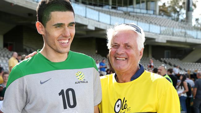 Tom Rogic has a laugh with former Socceroos coach Rale Rasic Pic: George Salpigtidis