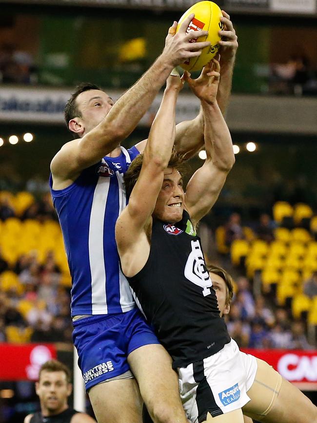 Roos ruckman Todd Goldstein in action against Carlton. Picture: Getty