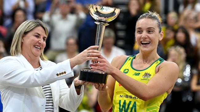 Liz Watson and Stacey Marinkovich hold up the Constellation Cup. (Photo by Bradley Kanaris/Getty Images)