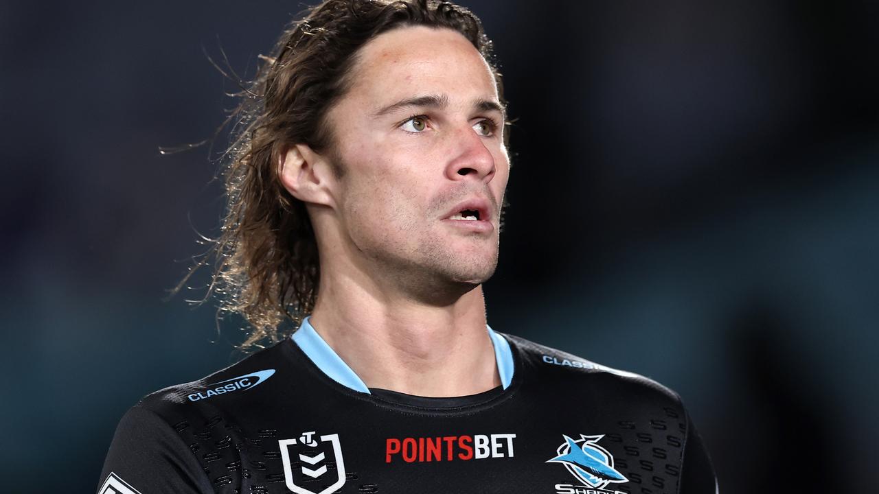 SYDNEY, AUSTRALIA - JUNE 28: Nicho Hynes of the Sharks warms up before the round 17 NRL match between Canterbury Bulldogs and Cronulla Sharks at Accor Stadium on June 28, 2024, in Sydney, Australia. (Photo by Cameron Spencer/Getty Images)