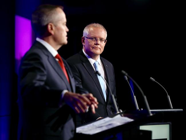 Labor leader Bill Shorten and Prime Minister Scott Morrison during a Leaders’ Debate on May 8. Picture: Liam Kidston