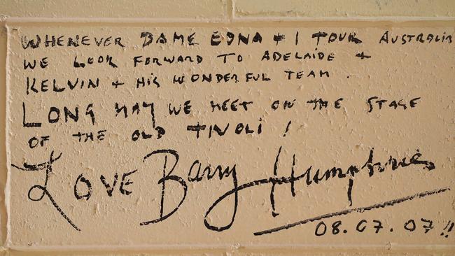 Barry Humphries has signed the wall at Her Maj.  Picture: Dean Martin