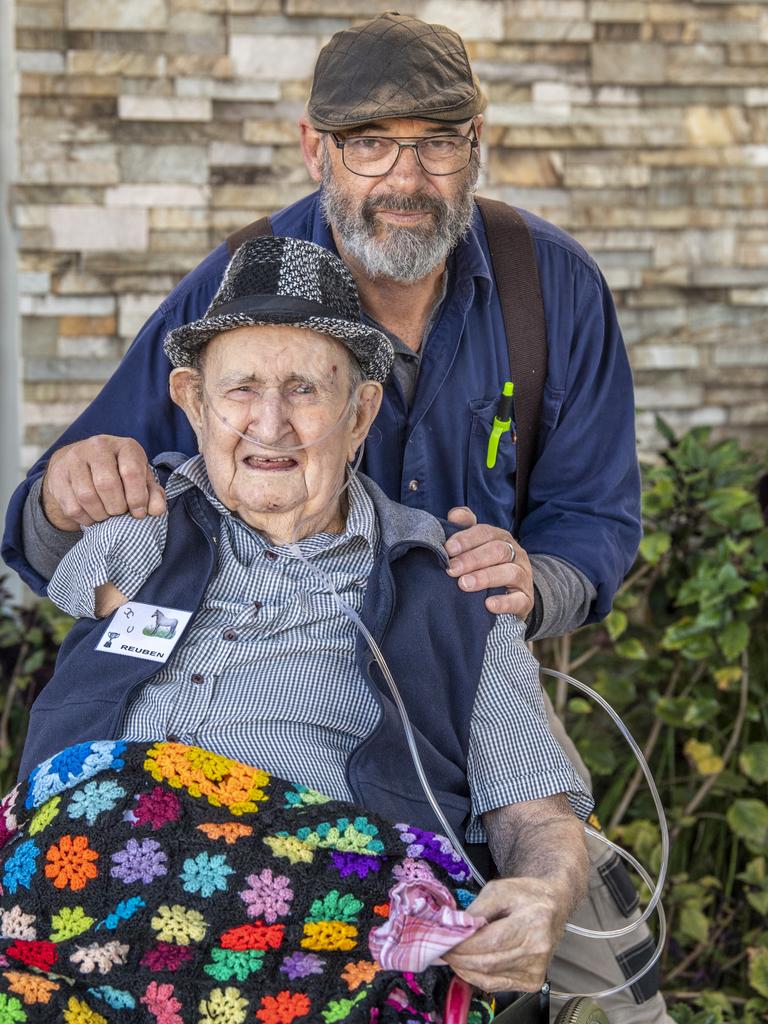 Toowoomba Care Services resident Reuben Coupe with his son-in-law Cole Maybin. Picture: Nev Madsen.