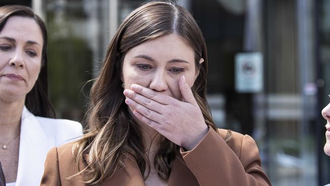 An upset Brittany Higgins outside the Magistrates Court in Canberra on October 27. Picture: NCA NewsWire / Gary Ramage