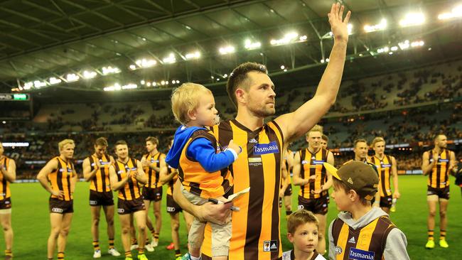 AFL Round 23: Hawthorn v. Western Bulldogs at Etihad Stadium. Luke Hodge and family post match. Picture: Mark Stewart