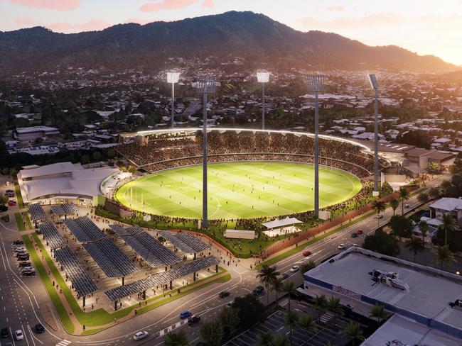 AFL Cairns has completed its masterplan to transform Cazalys into a 20,000-seat stadium and an international sporting precinct. Image: Cox Architecture