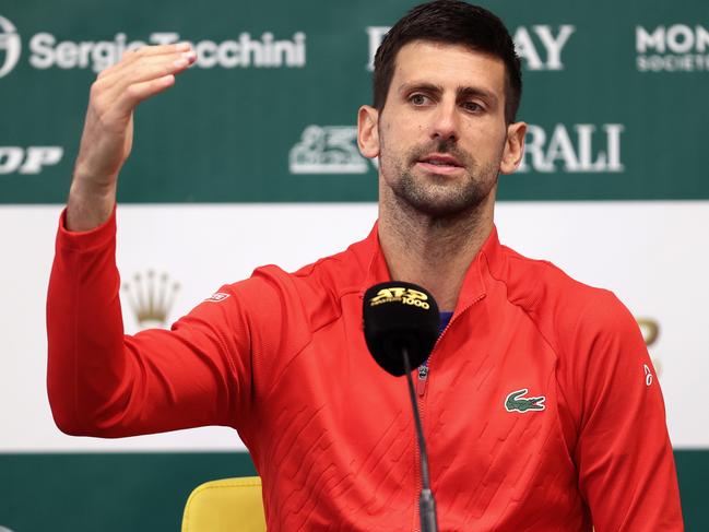 MONTE-CARLO, MONACO - APRIL 10:  Novak Djokovic of Serbia talks to the media during day one of the Rolex Monte-Carlo Masters at Monte-Carlo Country Club on April 10, 2022 in Monte-Carlo, Monaco. (Photo by Julian Finney/Getty Images)