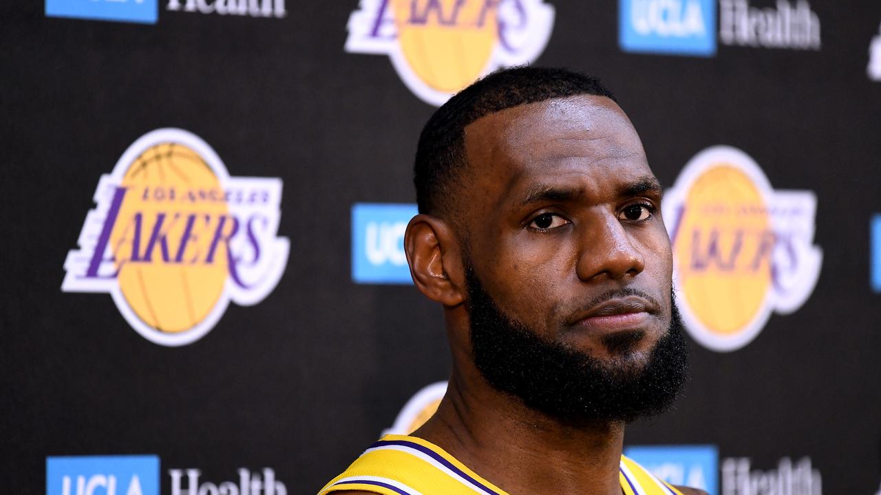 LeBron James of the Los Angeles Lakers reacts as he speaks to the media during the Los Angeles Lakers Media Day.