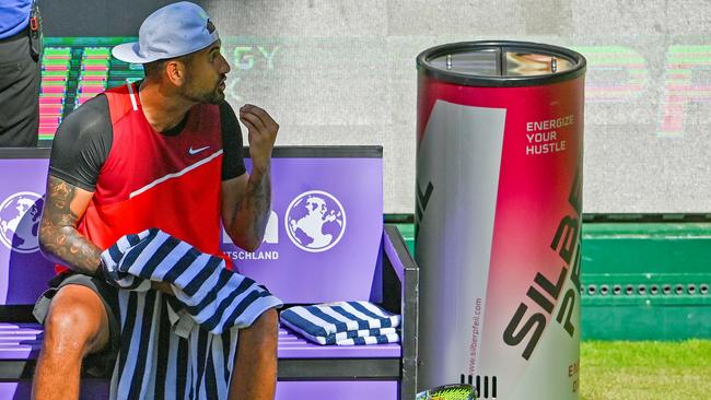 Nick Kyrgios reacts to the umpire’s call. Picture: Thomas F. Starke/Getty Images