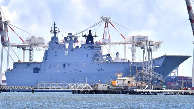 The HMAS Adelaide pulled into the Brisbane International Cruise Terminal this morning. It will be loaded with supplies and sent to Tonga. Picture: John Gass