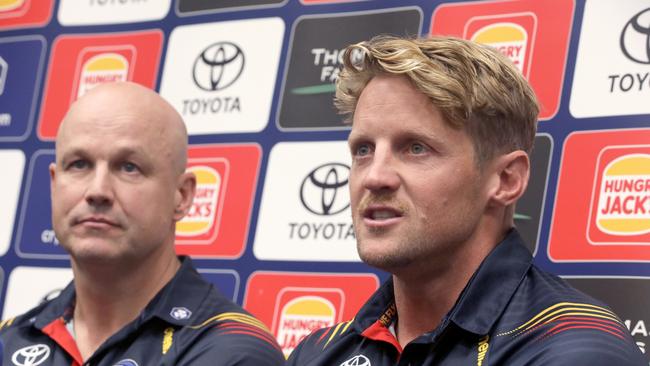 Crows Training - Rory Sloane Announcement - Rory Sloane  with Coach Matthew Nicks alongside, managed to hold it together quite well considering the emotion of the announcement of his retirement.29 April 2024. Picture Dean Martin