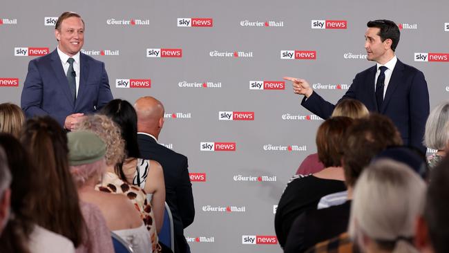 Premier Steven Miles and Opposition Leader David Crisafulli go head to head in the final election debate in front of 100 undecided voters at Suncorp Stadium. Pic: Adam Head