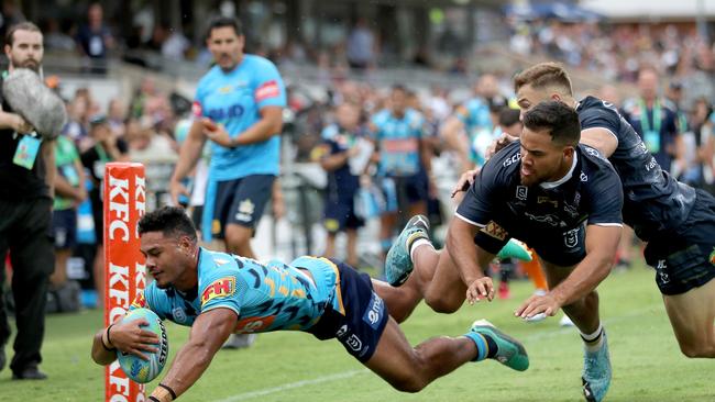 Greg Leleisiuao was one of the best for the Titans, who surpassed everyone’s expectations at the Nines. Picture: AAP.