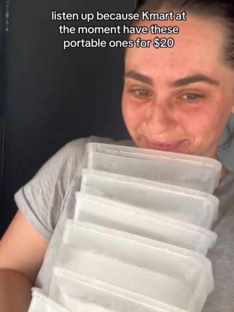 Gracie Webb fills up takeaway containers with water in order to cool down her Kmart ice bath. Picture: TikTok/@graciemwebb