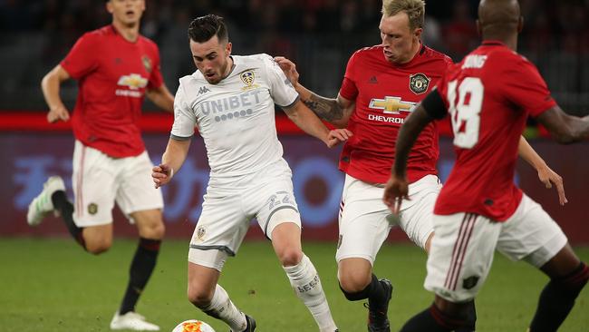 Leeds United’s Jack Harrison in action against Manchester United in Perth on Wednesday night. Picture: Getty Images