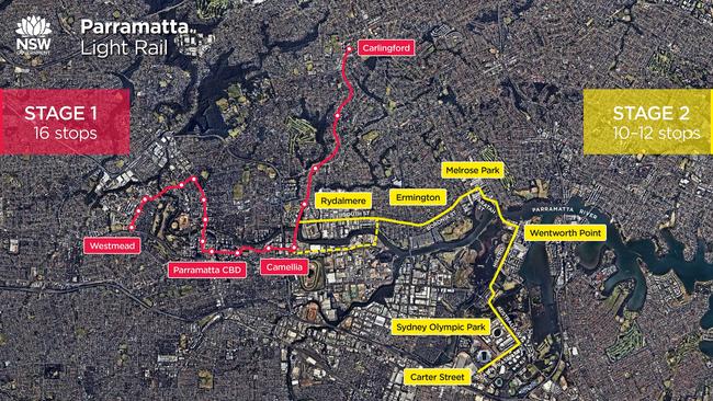 The Parramatta Light Rail Stage 1 route and what's been proposed for Stage 2.