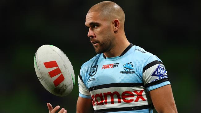 MELBOURNE, AUSTRALIA - MAY 11:  William Kennedy of the Sharks warms up prior to the round 10 NRL match between Melbourne Storm and Cronulla Sharks at AAMI Park on May 11, 2024 in Melbourne, Australia. (Photo by Graham Denholm/Getty Images)