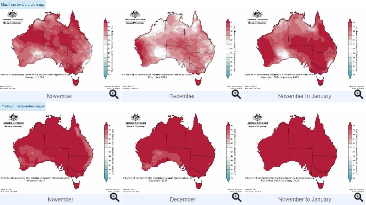 Above average maximum and minimum temperatures are ‘likely to very likely’ across most of Australia. Picture: BOM