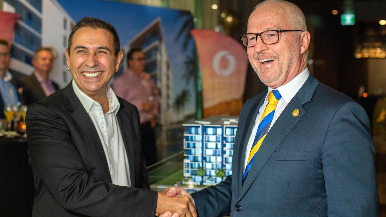 Sunshine Coast Mayor Mark Jamieson, right, and property developer and mayoral campaign donor Walter Iezzi, left, at the official launch of one of Mr Iezzi’s projects.