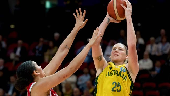 Australia's Lauren Jackson drops a basket in her last match against Canada.