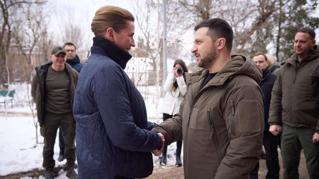 Ukraine President Volodymyr Zelensky, right, with Danish Prime Minister Mette Frederiksen in the city of Mykolaiv, in southern Ukraine. Picture: AFP