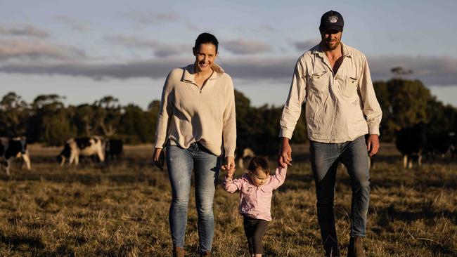 Paul and Sophie Hinkley at their South Purrumbete farm. Picture: Nicole Cleary