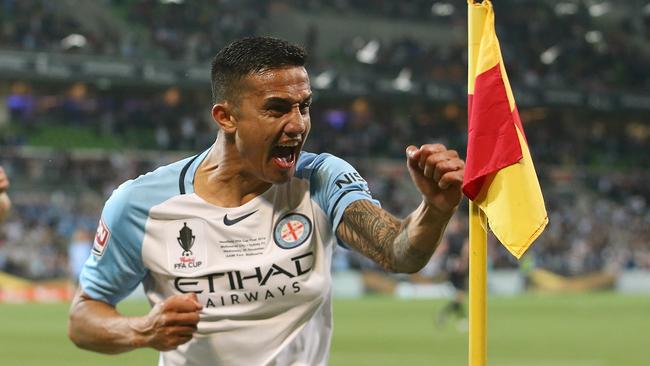 Tim Cahill headed home the winner for Melbourne City. Picture: Wayne Ludbey