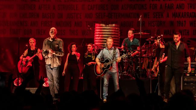 Midnight Oil performs a Makarrata Live concert at Sirromet Wines, Queensland on Sunday, February 28 2021. L-R: Liz Stringer, Peter Garrett, Leah Flanagan, Alice Skye, Troy Cassar-Daley, Rob Hirst, Adam Ventoura, Dan Sultan. Picture: Mitch Lowe