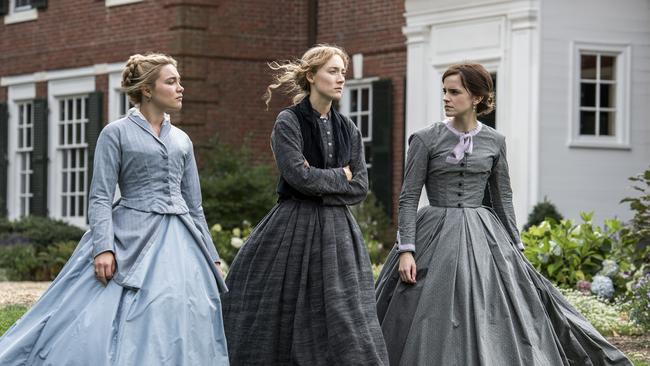 Florence Pugh (Amy), Saoirse Ronan (Jo) and Emma Watson (Meg) in Little Women.