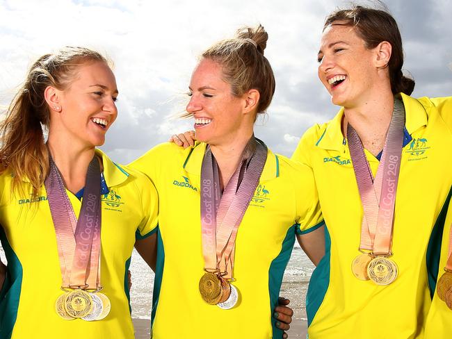 The individual girls gold medal winners Bronte Campbell, Ariarne Titmus, Emily Seebohm, Cate Campbell and Emma McKeon and  Australian Dolphins swim team gather for the media after their most successful Commonwealth Games. Pics Adam Head