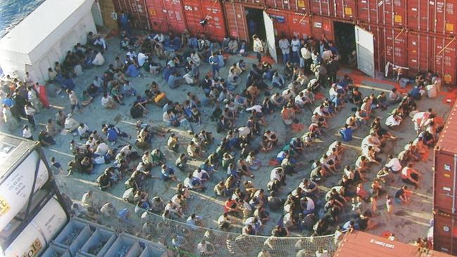 Refugees on board the MV Tampa in 2001. Picture: ABC TV