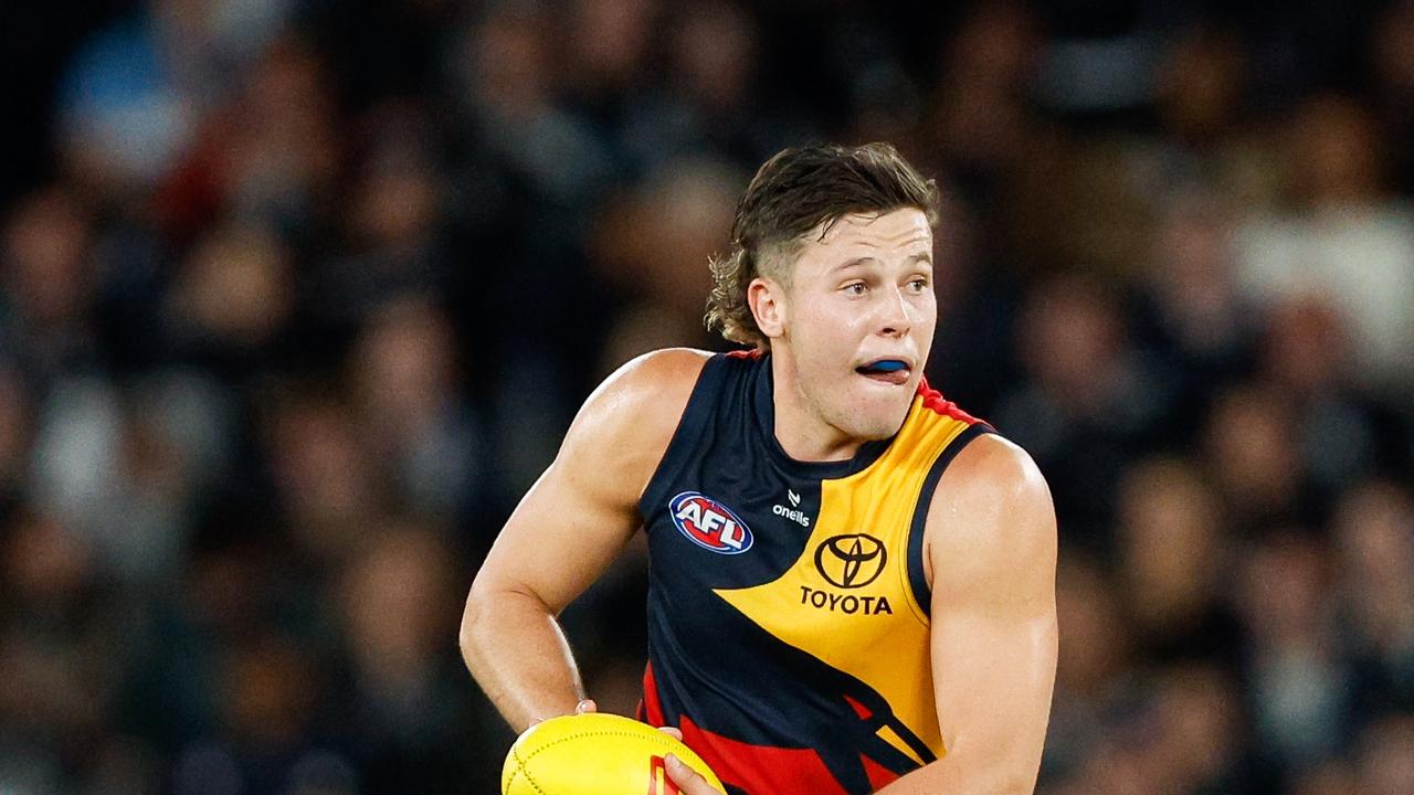 MELBOURNE, AUSTRALIA – APRIL 13: Jake Soligo of the Crows in action during the 2024 AFL Round 05 match between the Carlton Blues and the Adelaide Crows at Marvel Stadium on April 13, 2024 in Melbourne, Australia. (Photo by Dylan Burns/AFL Photos via Getty Images)