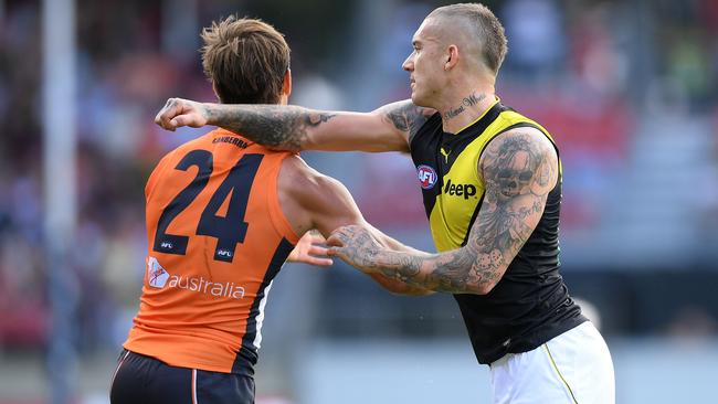 Dustin Martin was frustrated by Matt De Boer’s close checking in Round 3. Picture: AAP Image/Dan Himbrechts.