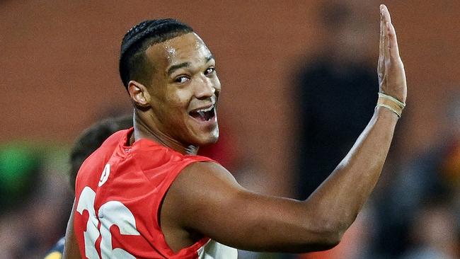 ADELAIDE, AUSTRALIA - JUNE 15:   Joel Amartey of the Swans   celebrates a goal during the round 14 AFL match between Adelaide Crows and Sydney Swans at Adelaide Oval, on June 15, 2024, in Adelaide, Australia. (Photo by Mark Brake/Getty Images)