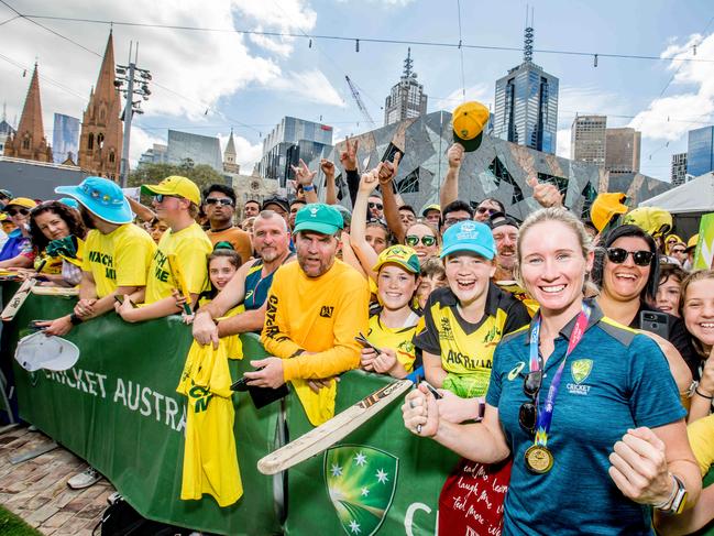 Australian Team ICC Twenty20 World Cup Celebration Event Ð Federation SquareAustraliaÕs cricketers celebrate their T20 World Cup triumph with fans at MelbourneÕs Federation Square today. Beth Mooney. Picture: Tim Carrafa