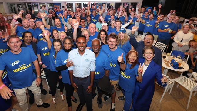 Leon Rebello with his supporters at Tallebudgera SLSC on election night. Picture: Glenn Hampson.