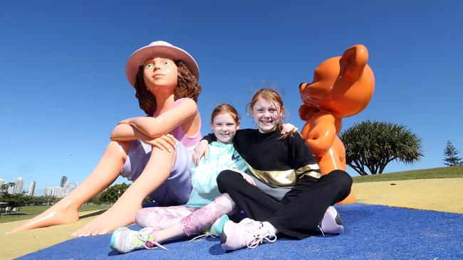 Natalie McCrystal brought her kids Ava, 11, and Charlotte, 10, to the Gold Coast from Brisbane for the final day of school holidays. Picture: Richard Gosling