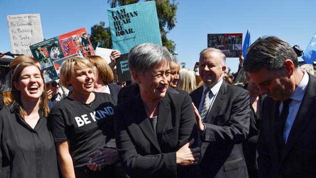 Labor’s Penny Wong, Anthony Albanese and Richard Marles attend the rally outside Parliament House in Canberra today. Picture: Getty Images