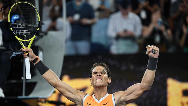 Rafael Nadal celebrates his victory against Frances Tiafoe 