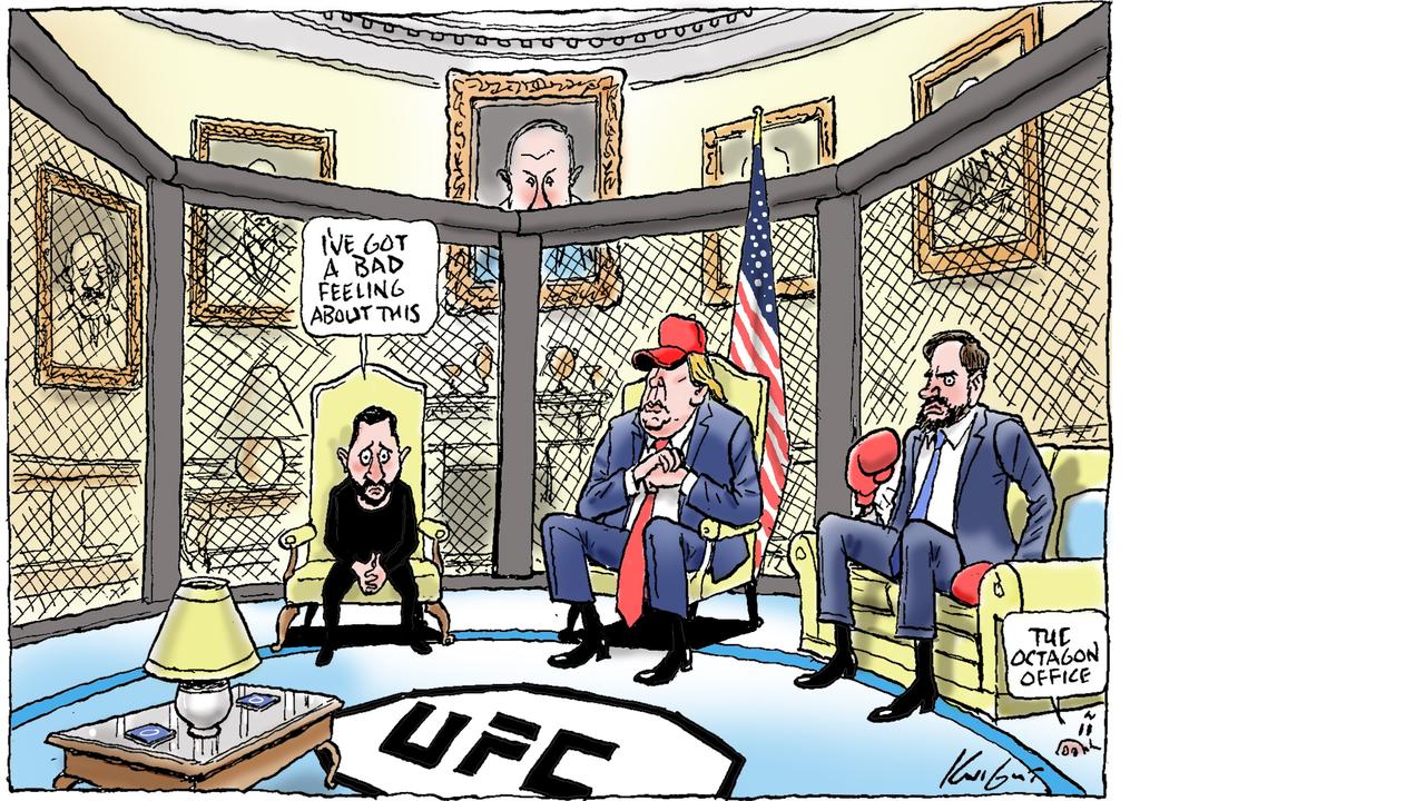 Mark Knight evokes the UFC ring in his cartoon capturing the mood in the Oval Office during the now infamous meeting between Ukraine’s President Zelenskyy and American President Trump and Vice President Vance. Picture: Mark Knight