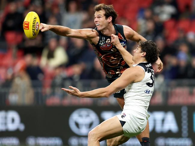 Jack Buckley gave Charlie Curnow nothing on Saturday night. Picture: Brendon Thorne/AFL Photos