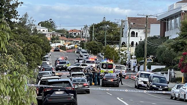 Police and emergency services at the scene of a police shooting in South Brisbane. Picture: Matt Johnston