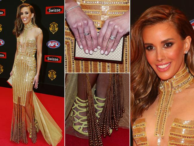 Rebecca Judd wife of Chris Judd of Carlton arrives on the red carpet for the 2015 AFL Brownlow Medal. Picture: News Corp Australia
