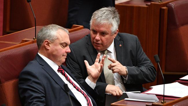 Centre Alliance Senators Stirling Griff and Rex Patrick in the Senate chamber at Parliament House in Canberra, Wednesday, June 20, 2018. (AAP Image/Mick Tsikas) NO ARCHIVING